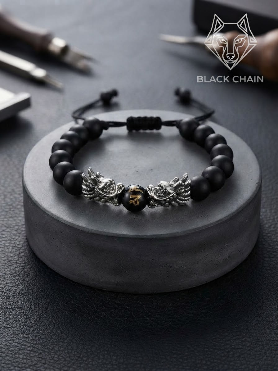 Guardianes ancestrales — pulsera Black Chain con dos dragones