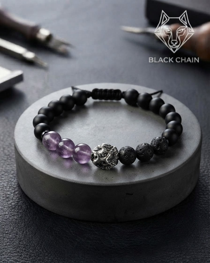 Autoridad espiritual — pulsera Black Chain con bolitas moradas