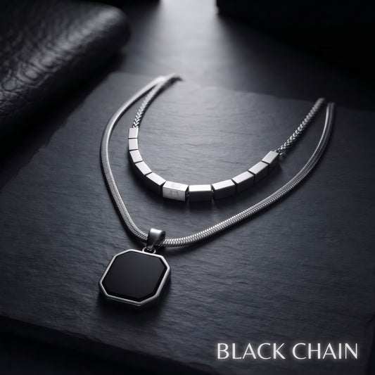Collar Eclipse dual de acero inoxidable con dije de ónix negro — Black Chain
